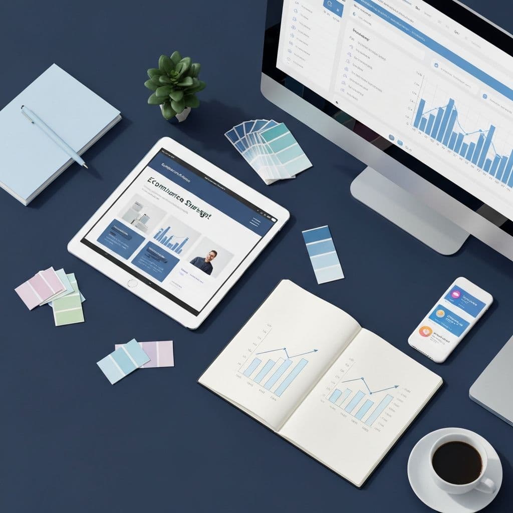 Ecommerce strategy workspace with analytics and storefront designs